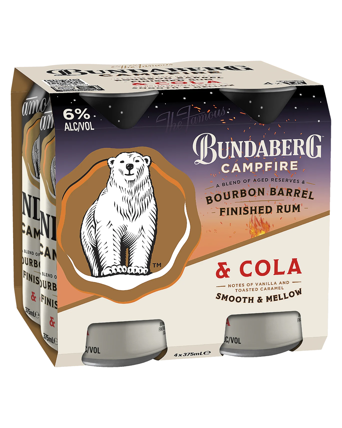 Bundaberg Campfire Bourbon Barrel Finished Rum & Cola 6% 375ml Can 4 Pack