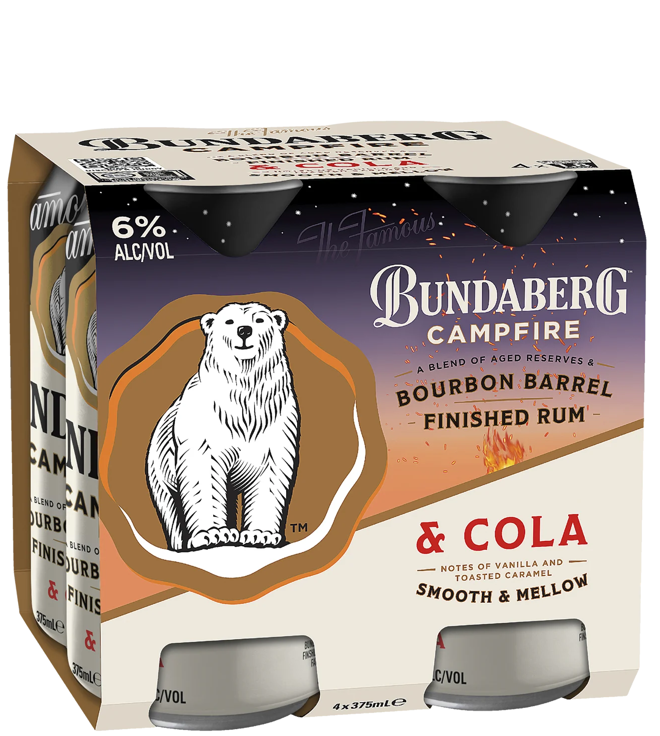 Bundaberg Campfire Bourbon Barrel Finished Rum & Cola 6% 375ml Can 4 Pack