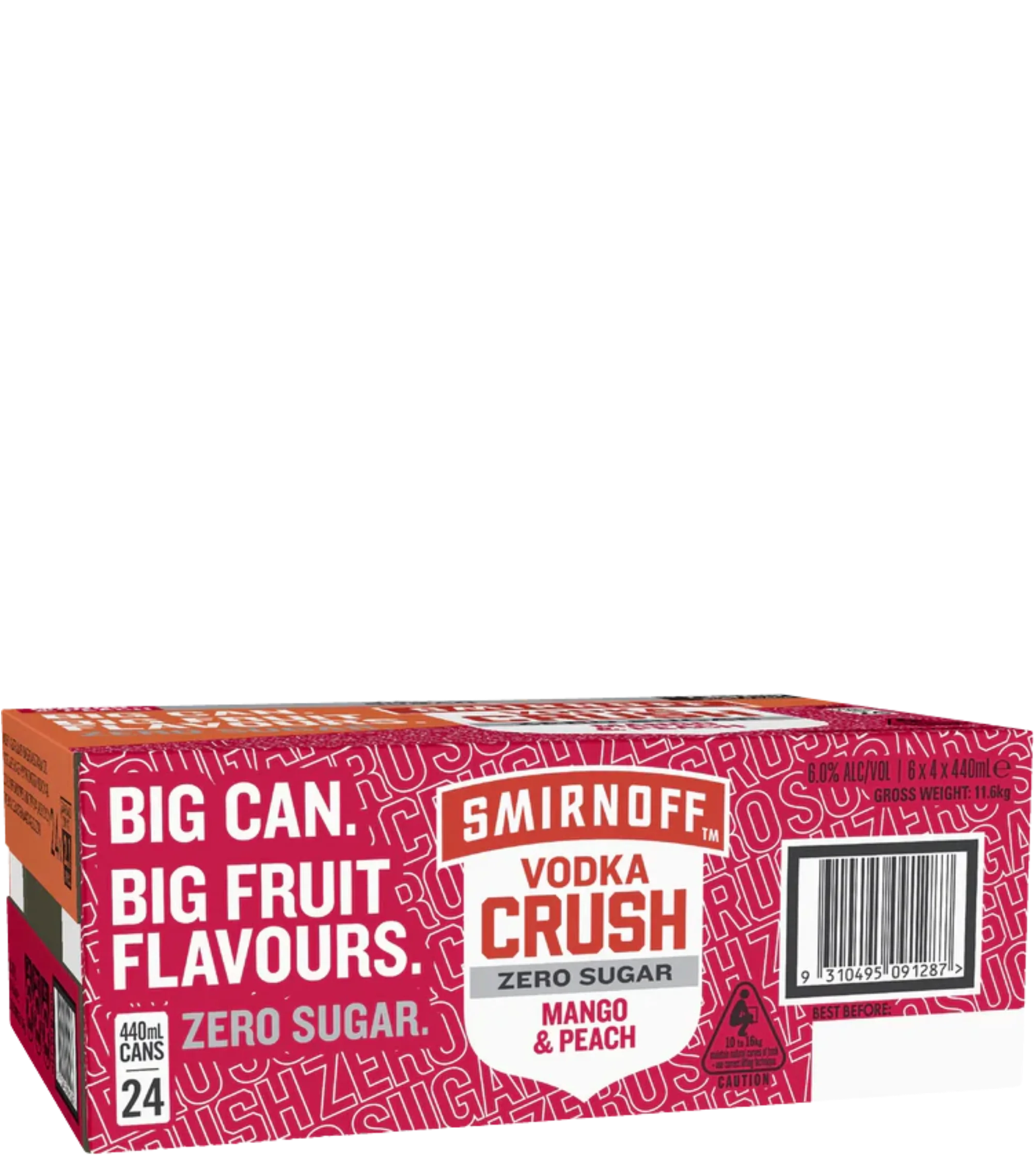 Smirnoff Crush Zero Sugar Mango Peach Cans 440mL 24 Pack