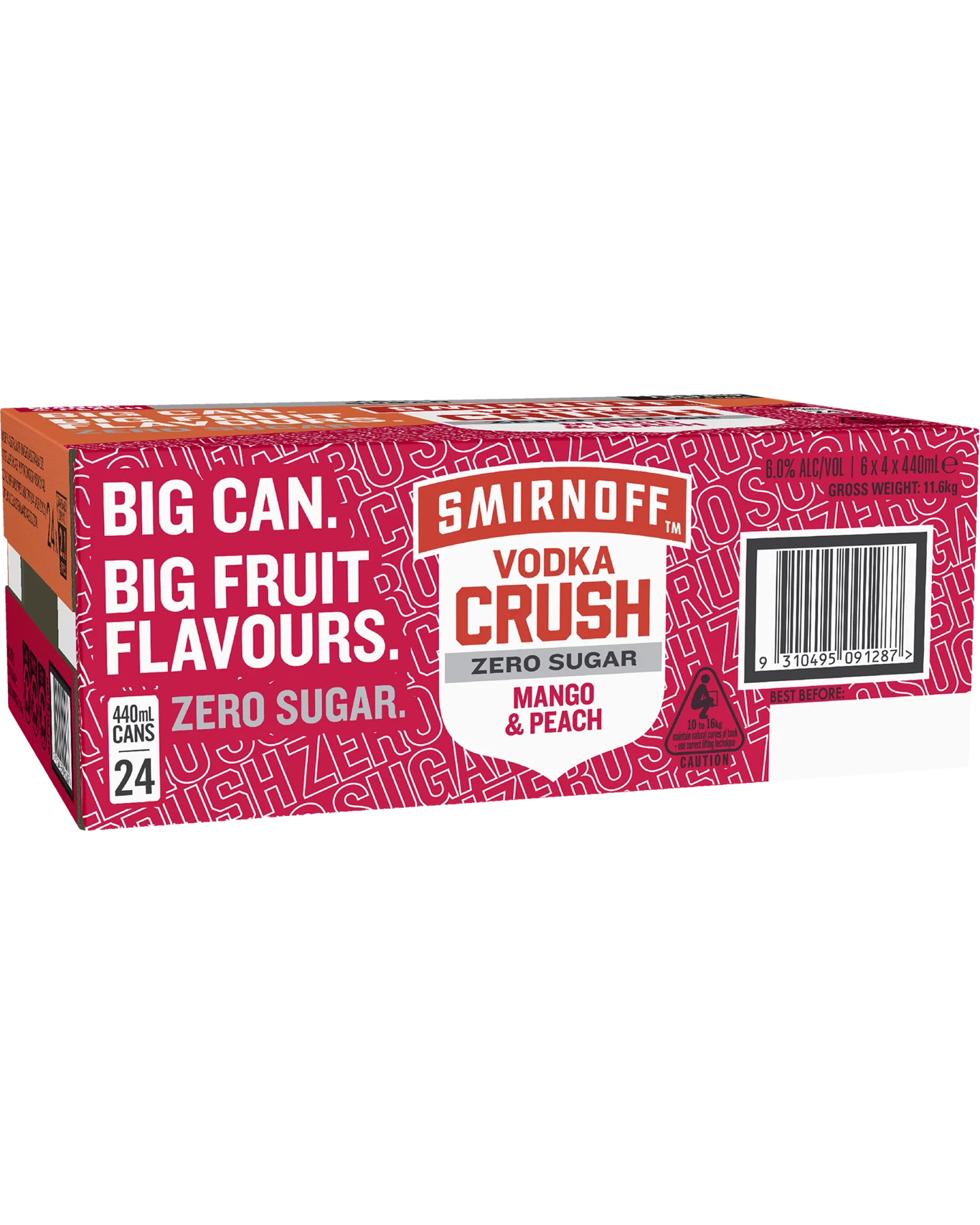 Smirnoff Crush Zero Sugar Mango Peach Cans 440mL 24 Pack