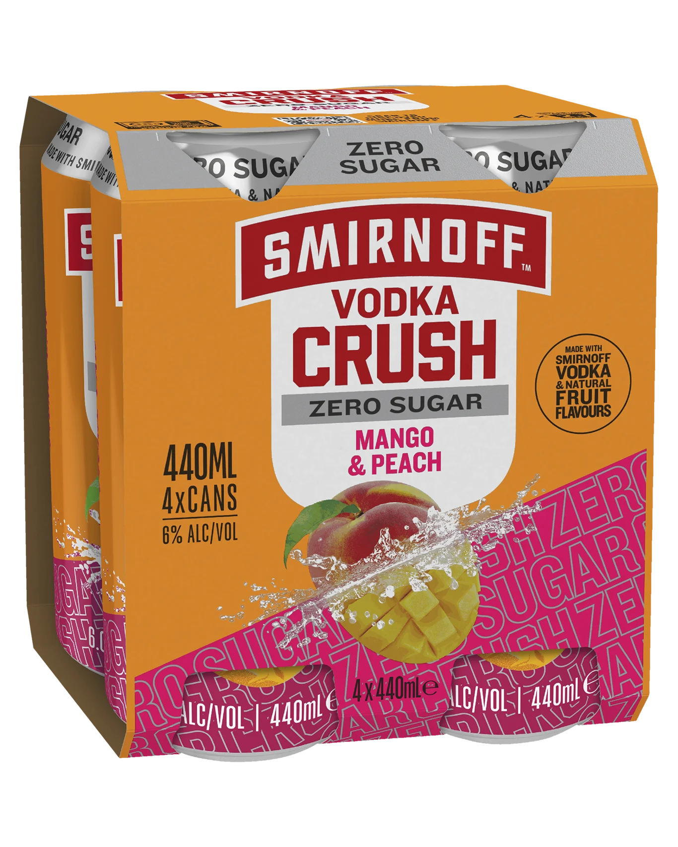 Smirnoff Crush Zero Sugar Mango Peach Cans 440mL 4 Pack