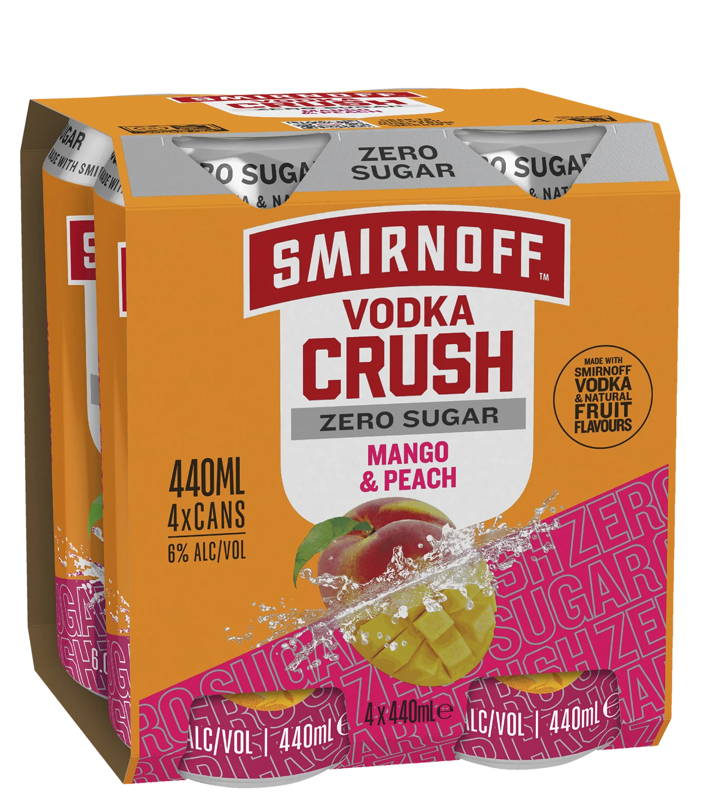 Smirnoff Crush Zero Sugar Mango Peach Cans 440mL 4 Pack