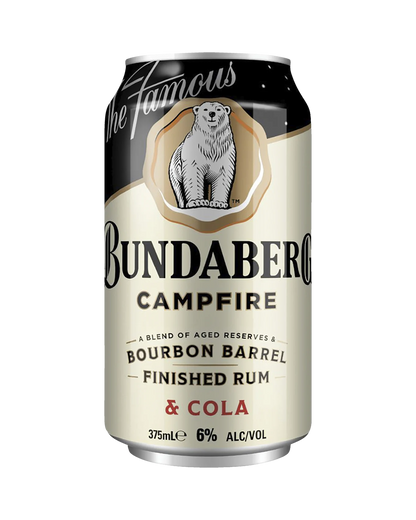 Bundaberg Campfire Bourbon Barrel Finished Rum &amp; Cola 6% 375ml Can 24 Pack