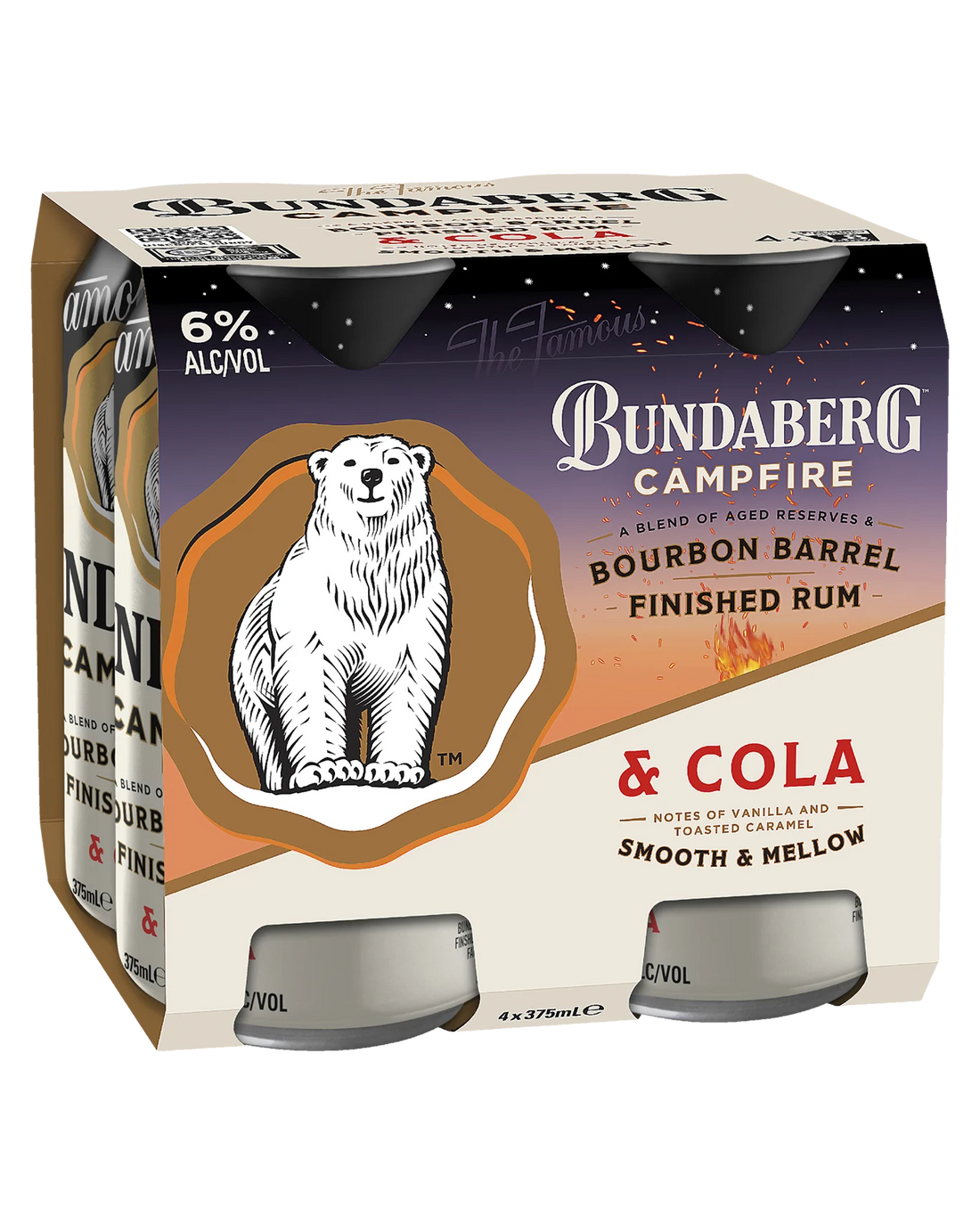 Bundaberg Campfire Bourbon Barrel Finished Rum &amp; Cola 6% 375ml Can 4 Pack
