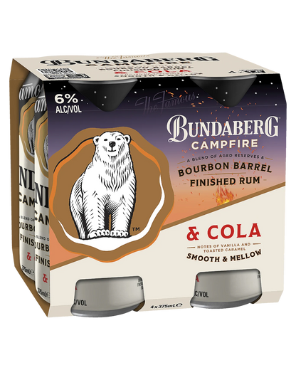 Bundaberg Campfire Bourbon Barrel Finished Rum &amp; Cola 6% 375ml Can 4 Pack
