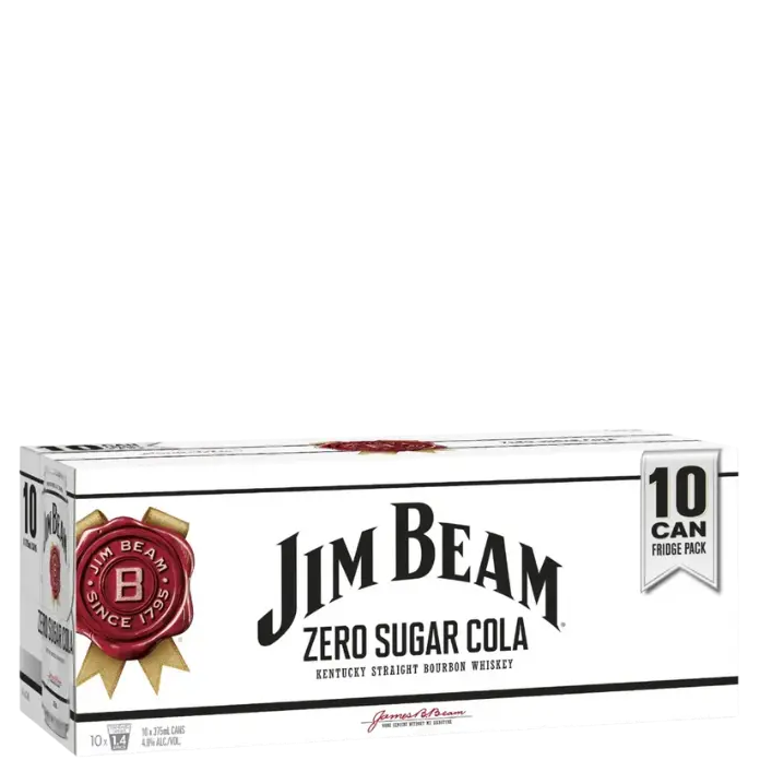 Jim Beam White Label Bourbon &amp; Zero Sugar Cola 375mL Cans 10 Pack