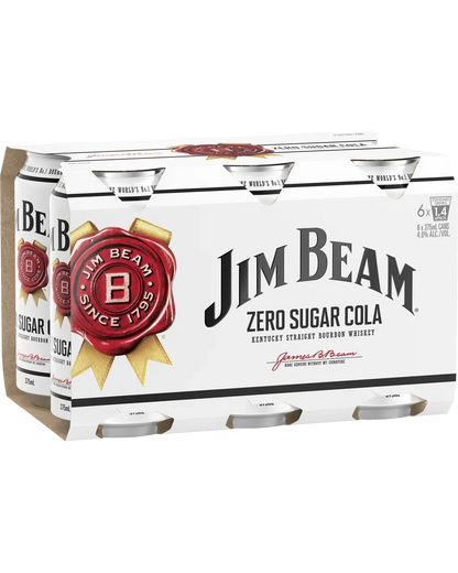 Jim Beam White Label Bourbon &amp; Zero Sugar Cola 375mL Cans 6 Pack