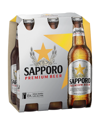 Sapporro Premium Lager Bottles 355mL 6 Pack
