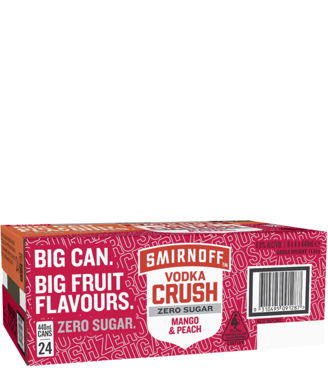 Smirnoff Crush Zero Sugar Mango Peach Cans 440mL 24 Pack