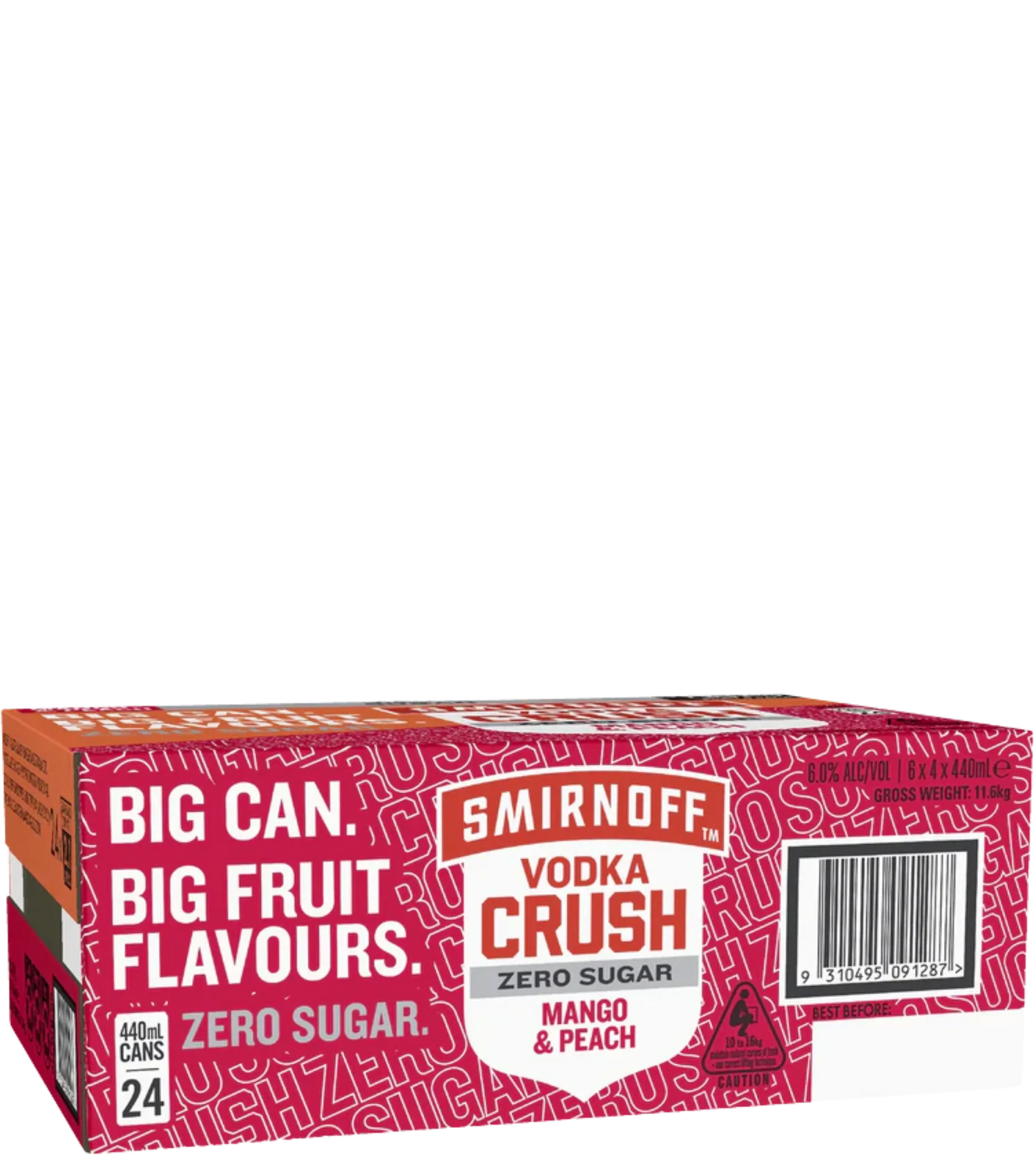 Smirnoff Crush Zero Sugar Mango Peach Cans 440mL 24 Pack