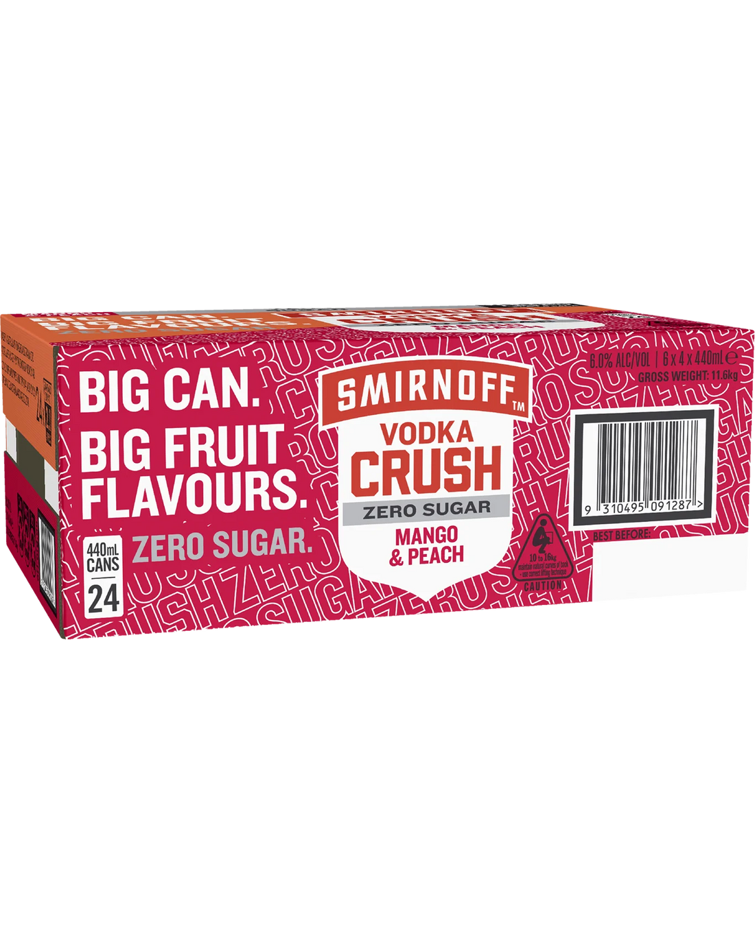 Smirnoff Crush Zero Sugar Mango Peach Cans 440mL 24 Pack