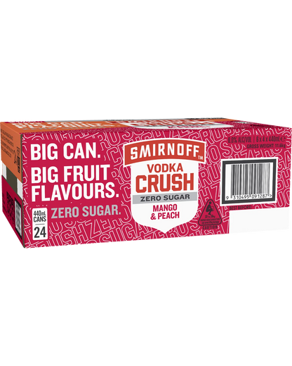 Smirnoff Crush Zero Sugar Mango Peach Cans 440mL 24 Pack