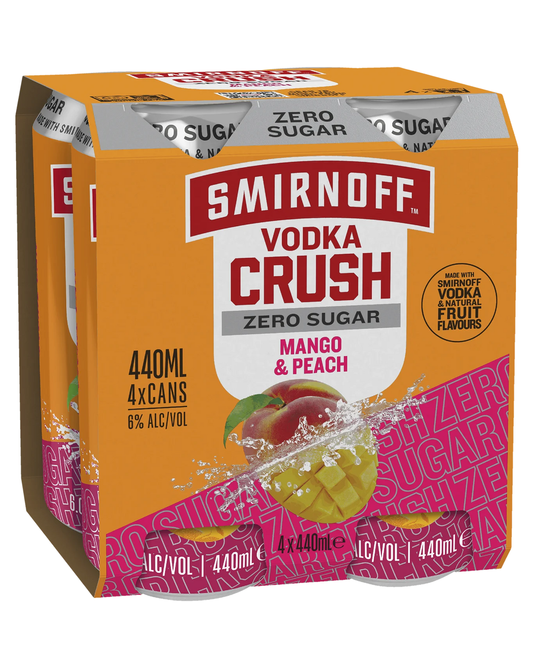 Smirnoff Crush Zero Sugar Mango Peach Cans 440mL 4 Pack