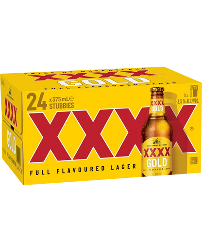 XXXX Gold Mid Strength Lager Beer Bottle 375ml 24 Pack